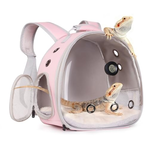 Bearded Dragon Backpack Carrier w/Reptile Thermometer Hygrometer, Clear Bubble Window Astronaut Space Capsule Travel Bag for Leopard Gecko, Ball Python, Lizard, Hermit Crab, Spider, Guinea Pig - color: Pink