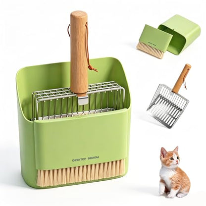 Cat Litter Scoop with Holder, Heavy Duty Stainless Steel Kitty Scooper | with Coarse and Fine Mesh, Includes Broom and Dustpan Set, Quick Sift and Easy Clean, Green - color: Green