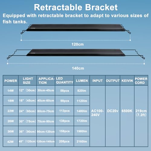 24/7 LED Aquarium Light, IP68 Waterproof Extendable Bracket Fish Tank Light with Timer, 7 Colors, 10 Level Adjustable Brightness, DIY Mode Full Spectrum Aquarium Plant Light for 48-54 Inch Fish Tank - size: 48"-54"