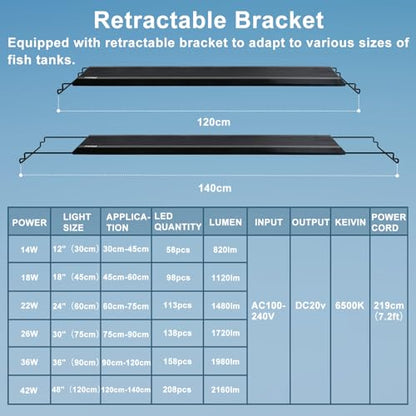 24/7 LED Aquarium Light, IP68 Waterproof Extendable Bracket Fish Tank Light with Timer, 7 Colors, 10 Level Adjustable Brightness, DIY Mode Full Spectrum Aquarium Plant Light for 48-54 Inch Fish Tank - size: 48"-54"