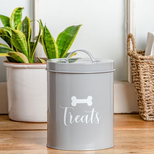 Metal Pet Treat Jar with Airtight Lid for Dogs, Cats, Puppies and More, Chic Kitchen Countertop Container for Cookies, Biscuits and Treats (Jasper, Grey, 1.4 Qt) - color: Jasper (Grey)