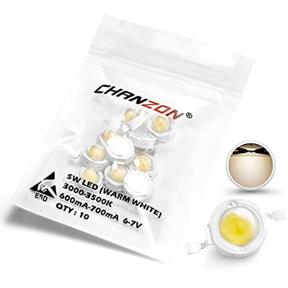 CHANZON 10 pcs High Power Led Chip 5W Warm White 3000K - 3500K | (600mA - 700mA / DC 6V - 7V / 5 Watt) Super Bright Intensity SMD COB Light Emitter Components Diode Bulb Lamp DIY Lighting - color: A) Warm-white (3000k)