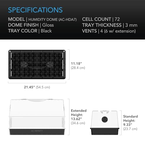 AC Infinity Humidity Dome, Heavy-Duty Germination Kit with Large Glossy Finish Clear Dome, Sturdy Drip Tray, and 6x12 Cell Seedling Tray, for Seed Starting, Propagation, Cloning Plants | Sturdy Drip Tray, 6x12 Cell Seedling Tray, Vented Height Extension P