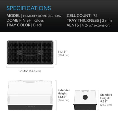 AC Infinity Humidity Dome, Heavy-Duty Germination Kit with Large Glossy Finish Clear Dome, Sturdy Drip Tray, and 6x12 Cell Seedling Tray, for Seed Starting, Propagation, Cloning Plants | Sturdy Drip Tray, 6x12 Cell Seedling Tray, Vented Height Extension P