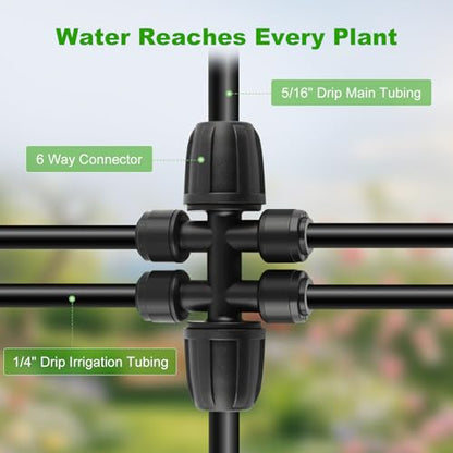 50FT 5/16" Drip Irrigation Tubing and 4 Packs 4-Way Quick Coupler, Push-to-Connect Fittings- DIY Garden Irrigation System, Misting, or Blank Distribution Tubing for Any Gardening Project - size: 50FT