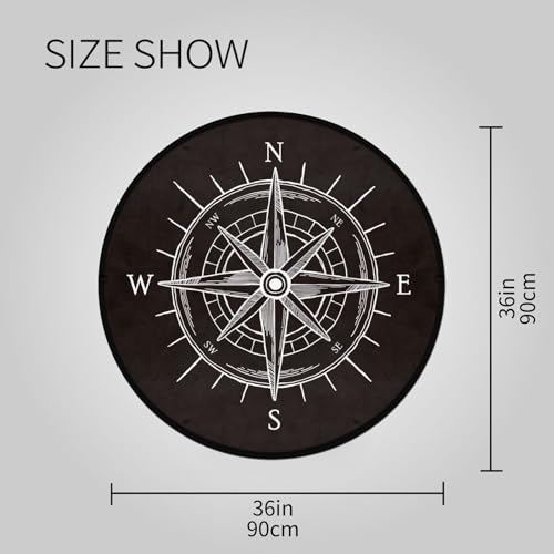 keepcute 3ft Round Compass Area Rug, Non-Slip Vintage Black Carpet | Soft touch, heat-transfer print, study room or living room decor, washable mat, easy vacuuming - color: Wind Rose Compass, size: 3' (Round)