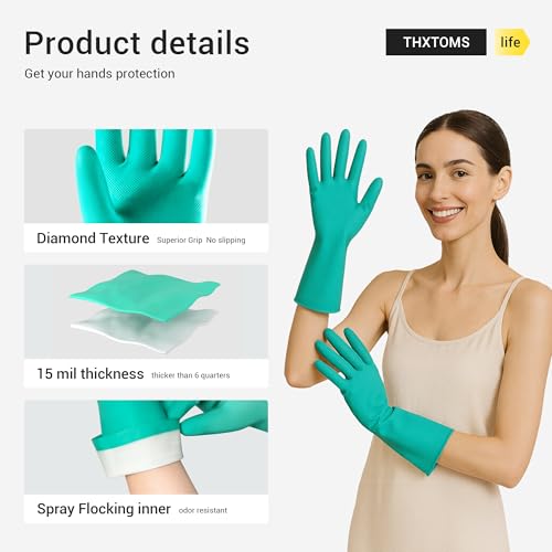 ThxToms 5 Pairs 15mil Nitrile Chemical Resistant Gloves,Latex Rubber Free,M | Reusable Heavy Duty Diswashing Gloves, Acid Alkali Oil Protection, Industrial Use and Household Cleaning, Non-Slip - color: Pack of 5, size: Medium