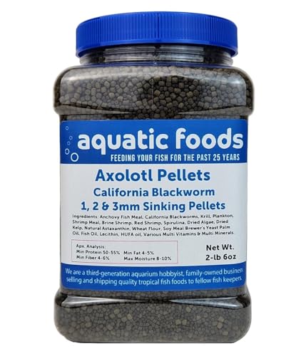Axolotl Blackworm Pellets. 1mm, 2mm, 3mm Size Mix of Sinking California Blackworm Micro Pellets for All Axolotl, Frogs, Shrimp, Salamanders, Newts, Snails…2-lbs 6oz Jar - size: 2.38 Pound (Pack of 1)