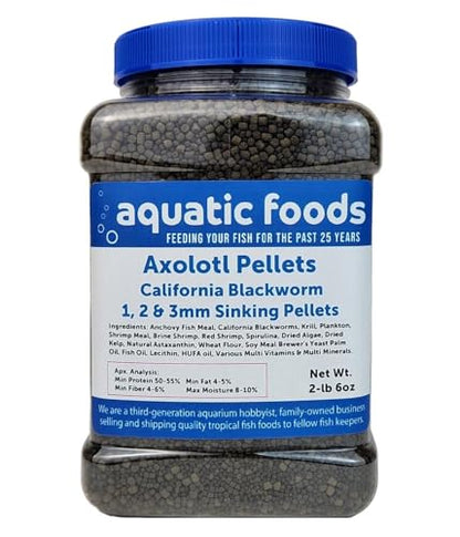 Axolotl Blackworm Pellets. 1mm, 2mm, 3mm Size Mix of Sinking California Blackworm Micro Pellets for All Axolotl, Frogs, Shrimp, Salamanders, Newts, Snails…2-lbs 6oz Jar - size: 2.38 Pound (Pack of 1)