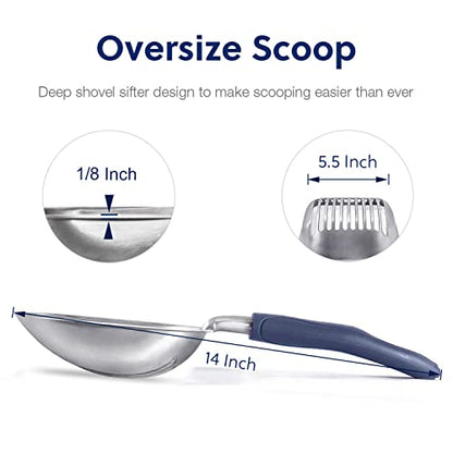 Cat Litter Scoop, Aluminum Alloy Sifter, Kitty Metal Scooper, Deep Shovel, Long Handle, Poop Sifting, Kitten Pooper Lifter, Durable, Heavy Duty, for Litter Box - color: FLAT Aluminum \ #01 Blue Handle, size: Large