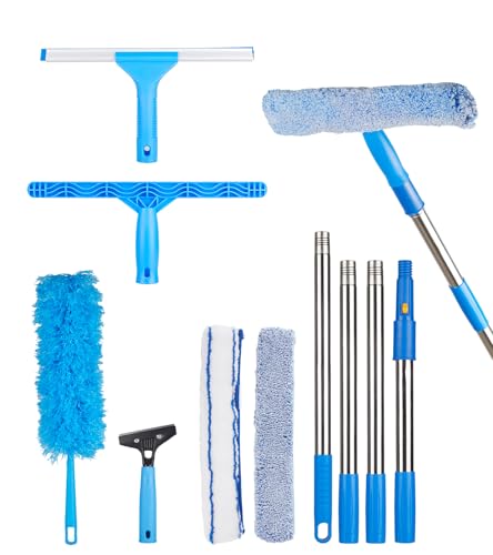 Window Squeegee Cleaner with 4 Stainless Steel Extension Poles,Long Reach to 58inch, Scrubber, Glass Scraper, Bendable Duster, 2 Scrubber Cloth for Window, Car, Professional Cleaning Kit - color: Silver