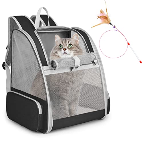 Cat Backpack Carrier, Pet Carrier Backpack with Kitten Wand Feather Toy for Medium Small Dog Cat Puppy Kitty Bunny up to 15lbs, Large Ventilated Mesh Cat Bookbag for Travel Walking Outdoor Use (Black) - color: Black
