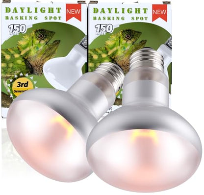 150W Reptile Basking Heat Bulb, 2-Pack UVA Daylight Heat Lamp Bulbs for Bearded Dragons, Turtles, Snakes, Lizards & Amphibians - Provides Infrared Heat Output & Sunlight Simulation Heating Light