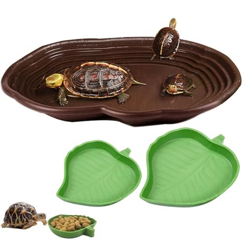 3PCS Tortoise Water Bowl with Ramp Leaf Tortoise Water Food Dish Turtle Pool Tortoise Bathing Pool Reptile Water Dish Large Soaking Dish Box Turtle Habitat Accessories