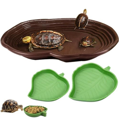 3PCS Tortoise Water Bowl with Ramp Leaf Tortoise Water Food Dish Turtle Pool Tortoise Bathing Pool Reptile Water Dish Large Soaking Dish Box Turtle Habitat Accessories