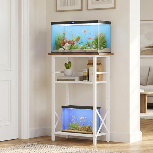 HOOBRO 10 Gallon Aquarium Stand, 3-Tier Fish Tank Stand with Storage, Reptile Turtle Tank Stand with Metal Frame, 20.5" L x 11" W, Walnut and White WH52FT01 - color: Walnut + White