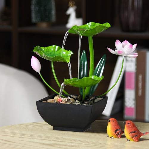Water Fountain Indoor Waterfall Fountain 3-Tier Tabletop Fountain Lotus Desk Relaxation Home Decor Including Lots of Rocks and Soothing Sound Machine (Green 2) - style: Double flow