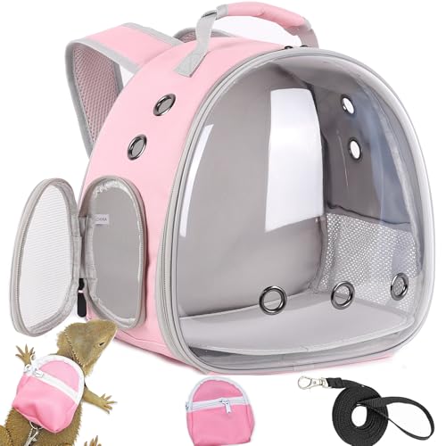 Leopard Gecko Backpack Carrier,Reptile Portable Backpack Carrier with Small Backpack Harness Leash Set,Space Capsule Clear Bubble Window Travel Backpack for Lizard Travel,Guinea Pig,Rabbit - color: Pink