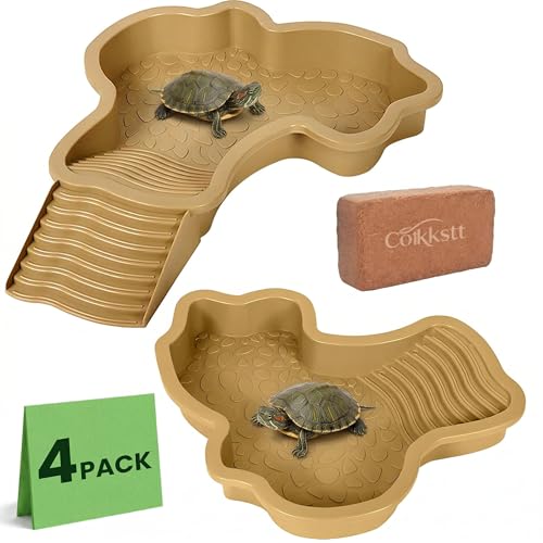 4 Pcs Tortoise Water Dish Reptile Bathing Pool with Ramp, Large Turtle Habitat Accessories Food Bowl for Box Turtle Bearded Dragon, Indoor Outdoor Enclosure Tank Feeding Basin - color: Khaki