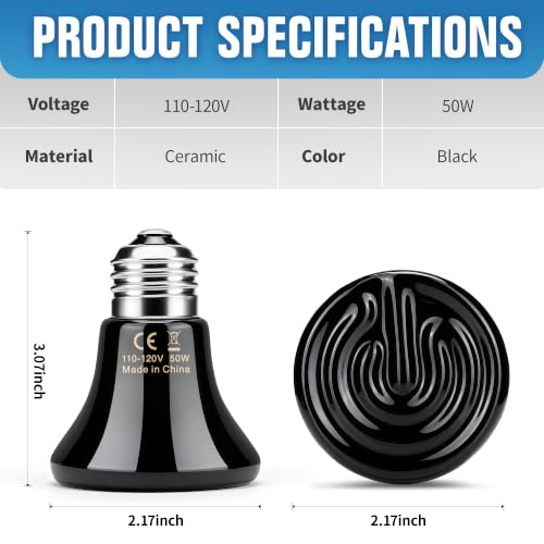 Happy Herps 50W Ceramic Heat Emitter, Reptile Heat Bulbs, Ceramic Heat Lamp for Reptiles, Amphibian, Chicken, Dog, Cat (2-Pack) - size: 50W-2 Pack