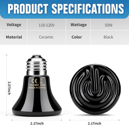 Happy Herps 50W Ceramic Heat Emitter, Reptile Heat Bulbs, Ceramic Heat Lamp for Reptiles, Amphibian, Chicken, Dog, Cat (2-Pack) - size: 50W-2 Pack