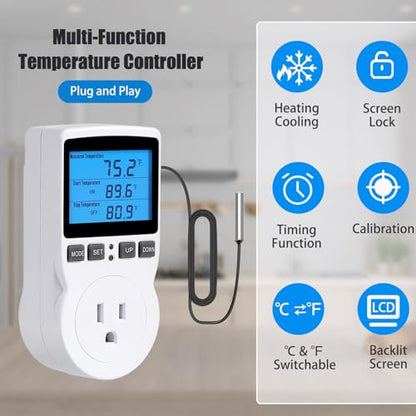 Plug in Digital Thermostat Temperature Controlled Outlet with Backlit LCD, 1800W 120V 15A Heating Cooling Control for Reptile, Incubation, Aquarium, Refrigerator, Home Brewing - color: With Backlit