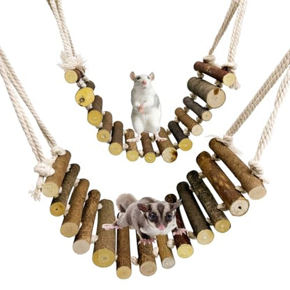 BNOSDM Sugar Glider Climbing Toys 2 Pack Nature Wood Rope Ladder Hanging Sugar Glider Bridge Cage Accessories for Mice Rat Hamster Gerbil Chinchilla