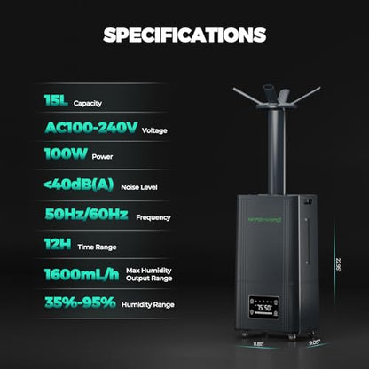 MARS HYDRO Plant Humidifier 15L with Adjustable Humidity | Timer Function,Ultrasonic Precise and Silent Operation,No-Leak Seal for Grow Tent,Indoor Planting,Greenhouse,Bedroom - size: 15L