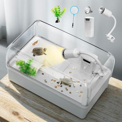 AZV Turtle Tank Starter Habitat Kit,Complete Aquatic Terrarium Enclosure with Filter,Basking Platform with Hideout,Multi-Function Area,Drainage,Plants and Lamps and AZV All in One Turtle Tank Kit
