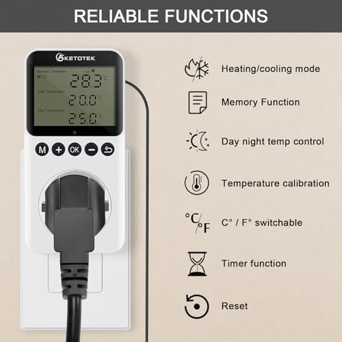 KETOTEK Digital Day/Night Temperature Controller 120V, Thermostat Outlet Plug with Timer, Thermostatic Outlet Switch 110V with 3m Sensor for Reptile Terrarium Greenhouse, Heating/Cooling Temp Control - style: KT3200pro No Backlit