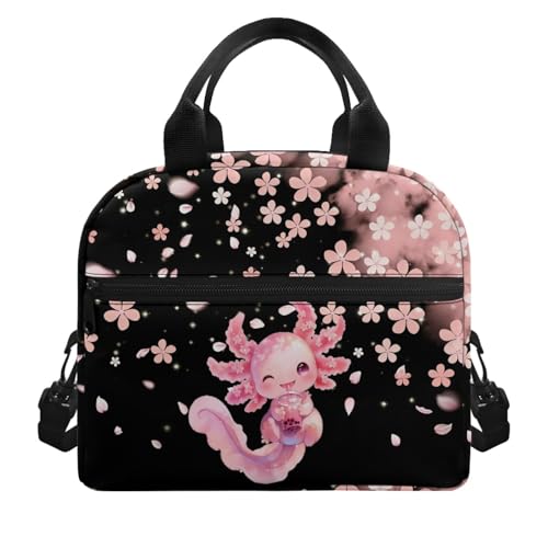Lightweight Kids Lunch Bag Axolotl Print: Cherry Blossom Main Compartment Fits Lunch + Drink + Snack - Insulated Lining - Good for Aquarium Visit, Art Class & Birthday Party - color: Axolotl Cherry Blossom Print