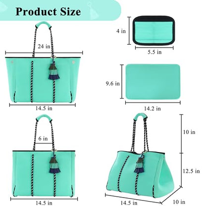 Hibala Neoprene Multipurpose Beach Bag,Gym/Travel/Pool Bag,Tote For Women&Men - color: Mint Green Tassel