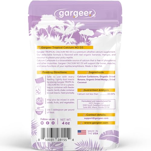 4oz Gecko Calcium NO D3, Phosphorus-Free, Ultrafine, Made in USA | Essential D3-free calcium for UVB setups! Ultrafine powder with organic banana, mango & coconut prevents MBD safely