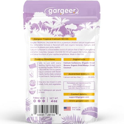 4oz Gecko Calcium NO D3, Phosphorus-Free, Ultrafine, Made in USA | Essential D3-free calcium for UVB setups! Ultrafine powder with organic banana, mango & coconut prevents MBD safely