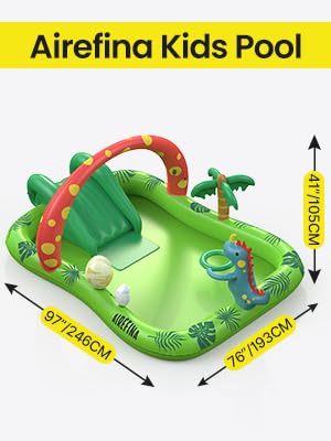 Inflatable Kids Pool, Airefina Dino Planet Inflatable Play Center Kiddie Pool with Water Slide, Ultra Thick 97"x76"x41" Toddler Pool with Play Ball Hoop, for Backyard, Garden, Water Park, Ages 3+ - size: Dino