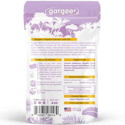 4oz Gecko Calcium with D3, Phosphorus-Free, Ultrafine, Made in USA | Essential D3 calcium supplement for non-UVB setups. Organic banana, mango & coconut dust coats live insects easily