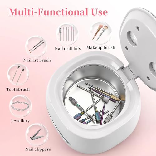 BQAN Rechargeable Nail Tool Cleaner, 3 Timers Mode Jewelry Cleaner, Portable 200ML Cleaning Machine for Nail Art Brushes, Drill Bits, Rings, Jewelry Home and Salon Use(White) - color: White