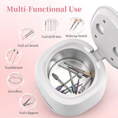 BQAN Rechargeable Nail Tool Cleaner, 3 Timers Mode Jewelry Cleaner, Portable 200ML Cleaning Machine for Nail Art Brushes, Drill Bits, Rings, Jewelry Home and Salon Use(White) - color: White