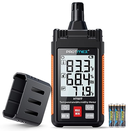 HT607 Temperature Humidity Meter - Large LCD Backlight with Cover Protector | High-Precision Digital Hygrometer with Ambient, Relative Humidity, Dew Point, Wet Bulb Thermometer, Min/Max Hold