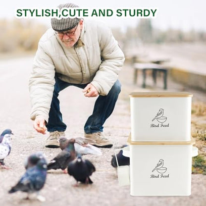 Bird Seed Storage Container Set of 2,10LB Bird Food Container-White | Metal Bird Seed Container with Bamboo Lids, Airtight Wild Bird Seed Tin for Storing Sunflower Seed-Squirrel proof - color: White(Bird Feed)