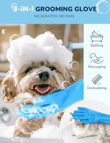 Pecute Silicone Pet Grooming Gloves for Washing Cats Dogs Bath Brush | Extended cuff, 3,000 soft bristles, Gentle massage & deshedding, Dishwasher safe, For large/thick coats, Home/car cleaning - size: X-Large