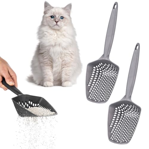 Set of 2 Cat Litter Scoop with Small Holes, Deep Sifting Shovel for Fine Litter, Reptile Terrarium Sand & Rabbit Pooper Lifter, Hanging Handle Poop Scooper (Gray, Set of 2) - color: Gray, size: Set of 2