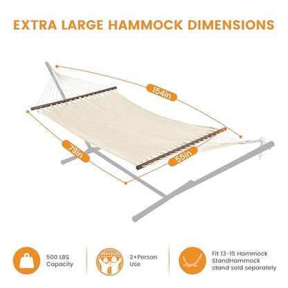 Lazy Daze Hammocks 13 FT Extra Large 2+ Person Caribbean Rope Hammock, Hand Woven Polyester XL Hammock with Spreader Bars, for Outside Outdoor Backyard Patio Poolside, 500 LBS Capacity, Gream - color: Gream