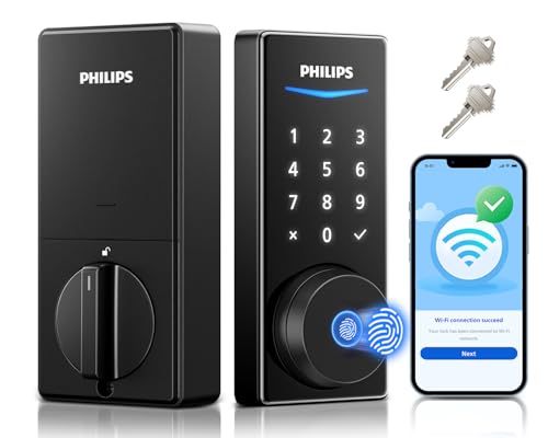 Philips Wi-Fi Smart Door Lock, Fingerprint Door Lock | APP Remote Unlock, Alexa Google Voice, 100 User Codes, Anti-Peep, Backlit Touchscreen, Waterproof, Includes 8 Batteries - color: Matte Black