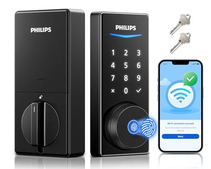 Philips Wi-Fi Smart Door Lock, Fingerprint Door Lock | APP Remote Unlock, Alexa Google Voice, 100 User Codes, Anti-Peep, Backlit Touchscreen, Waterproof, Includes 8 Batteries - color: Matte Black
