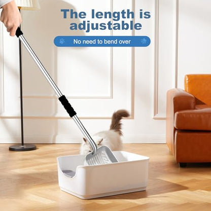 Cat Litter Spoon Metal Removable Stainless Steel Long Handle Cat Litter Screen Non-Stick Coated with Adjustable Handle and Soft Grip Heavy Duty Pet Cat Litter Shovel with 1 Pcs Hook - size: 16in-31in