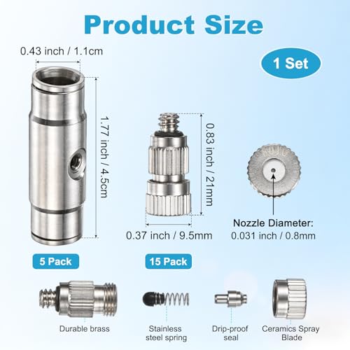 M METERXITY 20-Pack Brass Misting Nozzle Tee Kit, 0.8mm Orifice Dia. High Pressure Spray Misting Nozzle Head, Slip Connectors for 3/8 Inch Drip Irrigation Tubing Kit Outdoor [3/16" Threaded] - size: 0.8mm