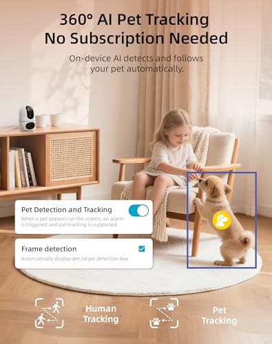 VIRTAVO AI Pet Camera Indoor with Phone App for Dog, Cat, Puppy, Dual-Lens | 360° Auto Tracking & Pet Calling, No Subscription, Wi-Fi 6 (5GHz/2.4GHz), Apple Watch & Alexa Compatible - size: XD1-PET-1PACK