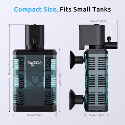 SEAOURA Quiet Internal Aquarium Filter 100GPH Water Pump for 5-15 Gallon Fish Tanks Aeration System | Built-in Aeration Oxygen System Stable Circulation Pump Detachable Washable Filter Sponge Compact Submersible Internal Design