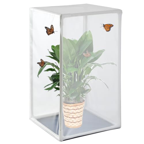 30" Large Insect Habitat Mesh Enclosure for Raising Monarch Caterpillars, Sturdy Butterfly Cage with PVC Frame, Plant Protection Cover for Garden Potted Seedlings（White）